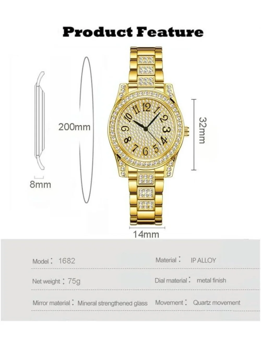 Women's Gold Luxury Diamond Ladies Stainless Steel Bracelet Waterproof Watch